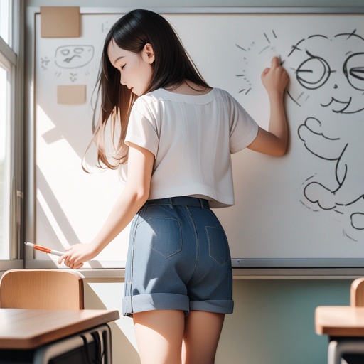A 6th grade girl seen from behind, with long loose hair, wearing a short-sleeved shirt and shorts, drawing cute doodles on a whiteboard with board markers. The scene takes place in a bright classroom with natural lighting, realistic photo style, casual summer outfit.
